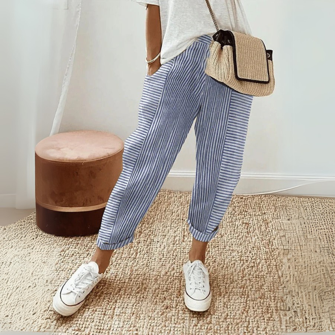 Roos - Casual Linnen Pantalon Dames met Gestreept Patroon en Elastische Enkels