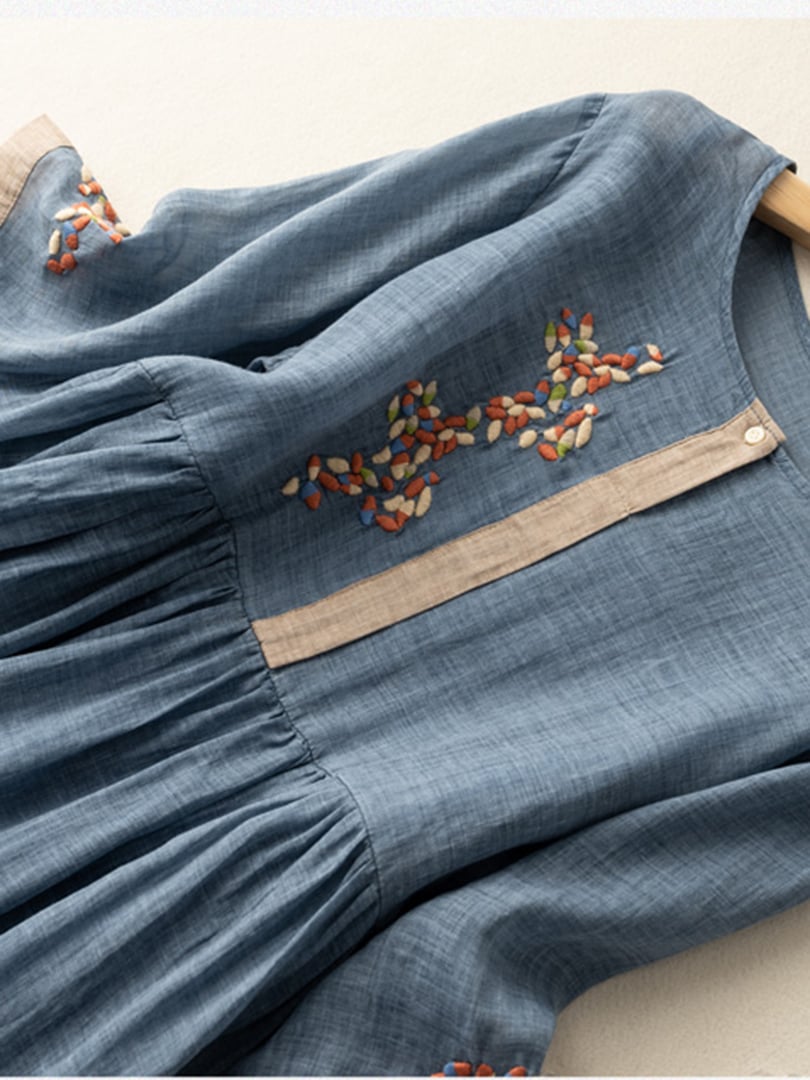 Roos - Romantische Linnen Zomerjurk Dames met Bloemenborduurwerk en Geplooide Rok