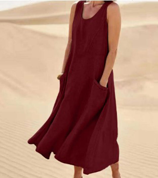 Saar - Boho Linnen-Katoen Maxi Jurk Dames mouwloos met Diepe Zakken