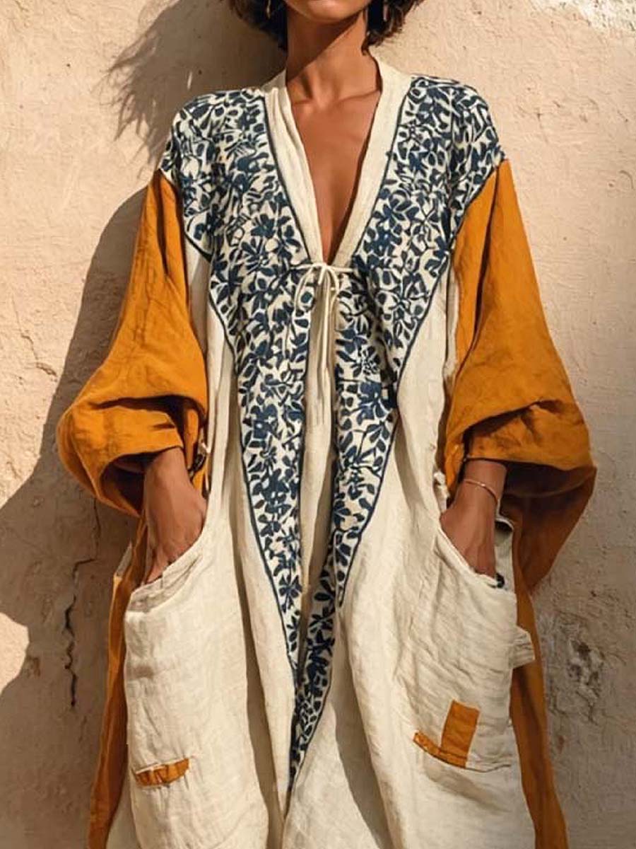 Saar - Boho Linnen Jumpsuit Dames met Diepe V-hals en Kleurblok Patchwork