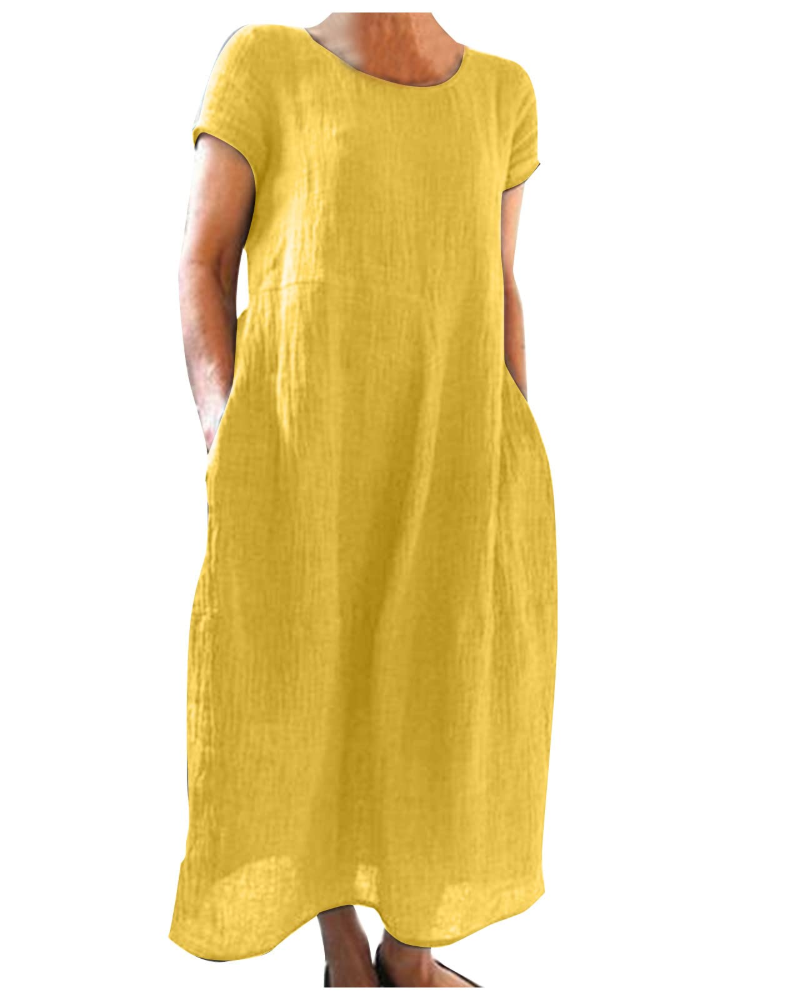 Sanne - Casual Linnen Zomerjurk Dames met Ronde Hals en Zijzakken