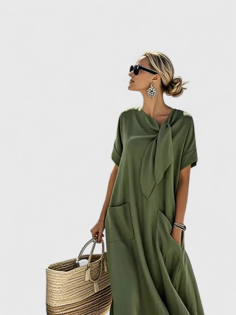 Sanne - Casual Zomerjurk Dames Maxi met Strikdetail en Zijzakken