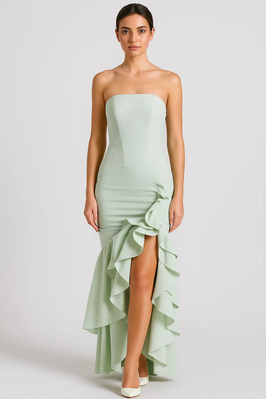 Strapless Jurk Lang | Speelse Volants met Split | Lichtgewicht en Ademend