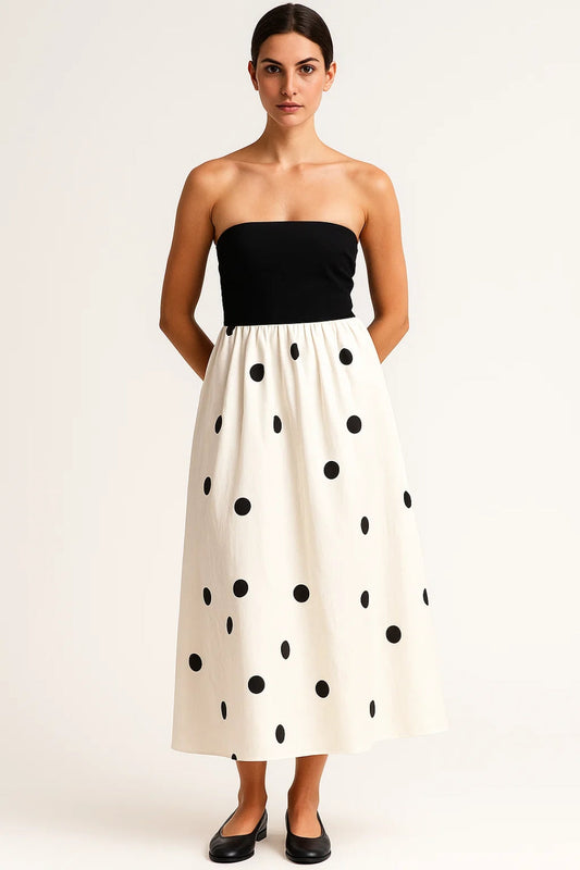 Strapless Jurk | Zomerse Midi Look met Stippen | Lichtgewicht en Ademend