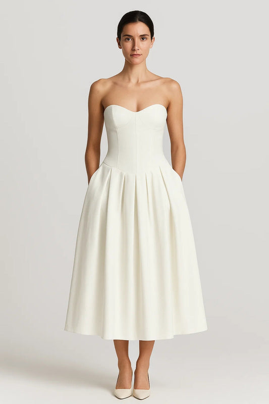 Strapless Midi Jurk | Geplooide A-Lijn Snit | Lichtgewicht en Ademend