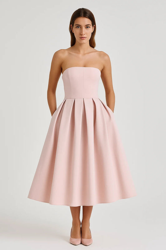 Strapless Midi Jurk | Geplooide Uitlopende Rok | Tijdloze Elegantie