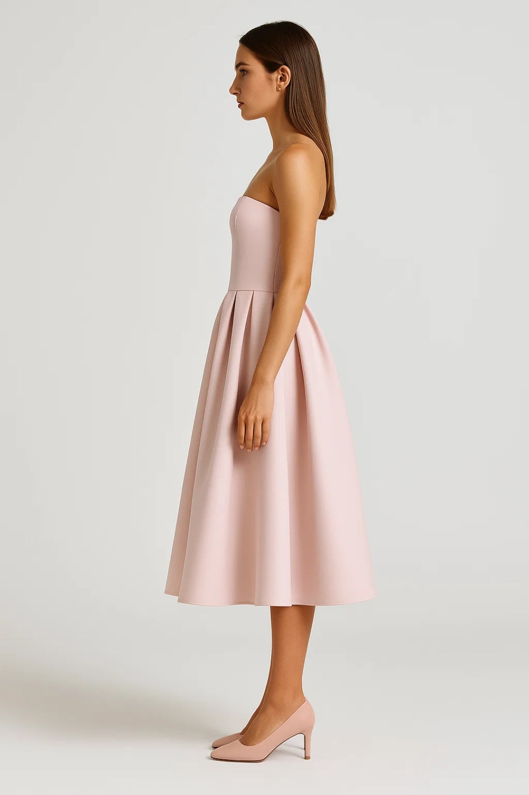Strapless Midi Jurk | Geplooide Uitlopende Rok | Tijdloze Elegantie