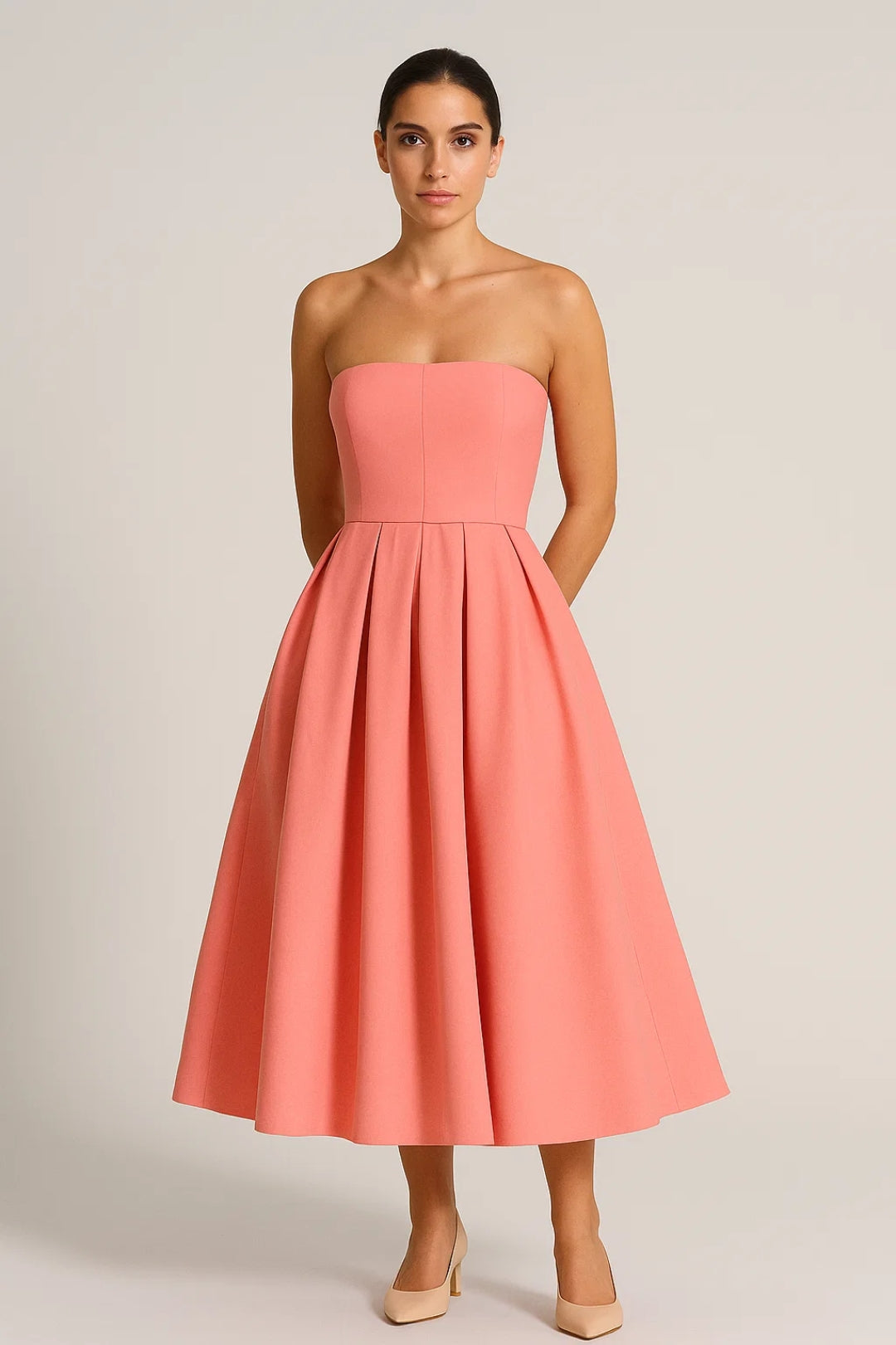 Strapless Midi Jurk | Geplooide Uitlopende Rok | Tijdloze Elegantie