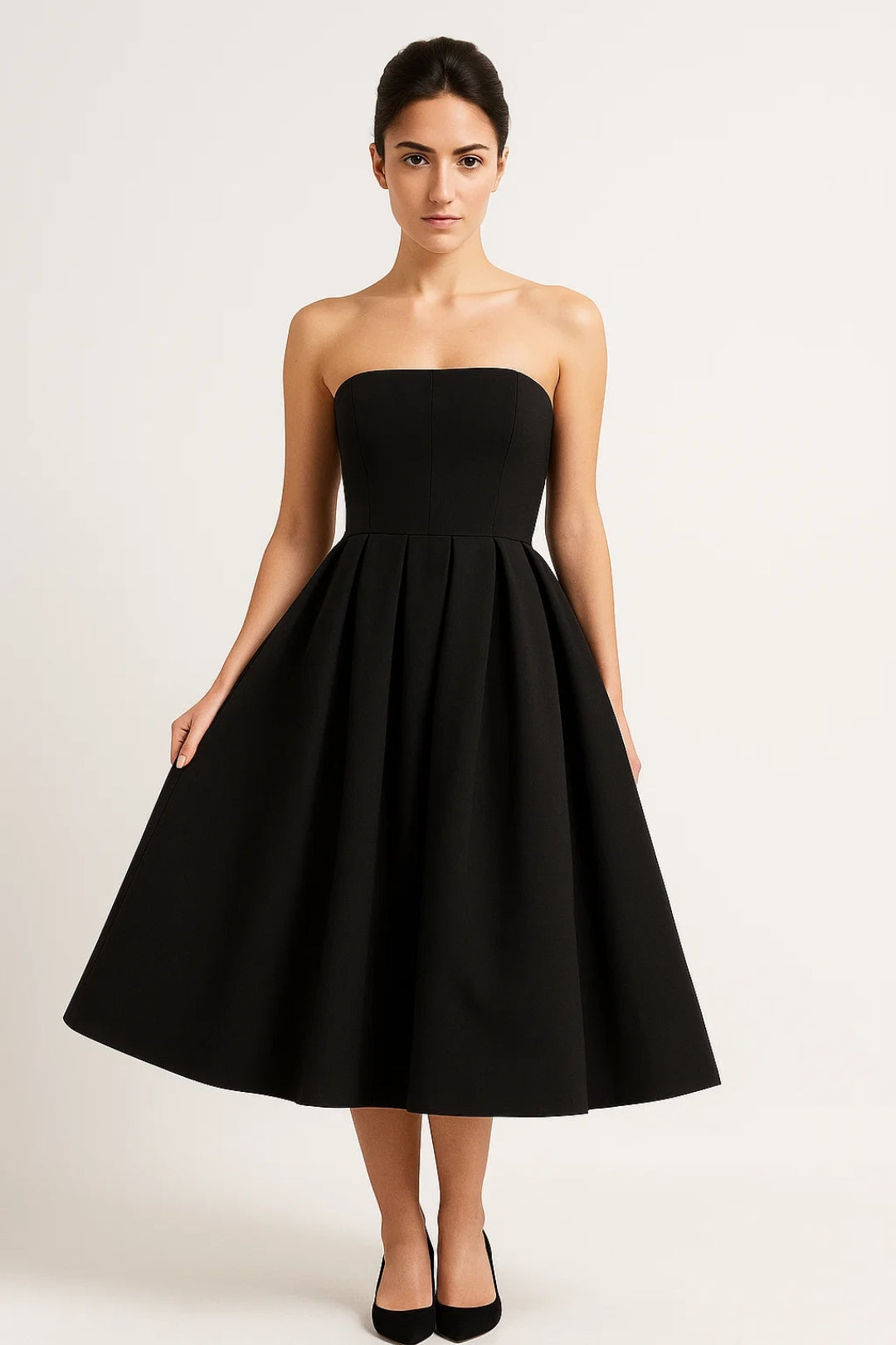 Strapless Midi Jurk | Geplooide Uitlopende Rok | Tijdloze Elegantie