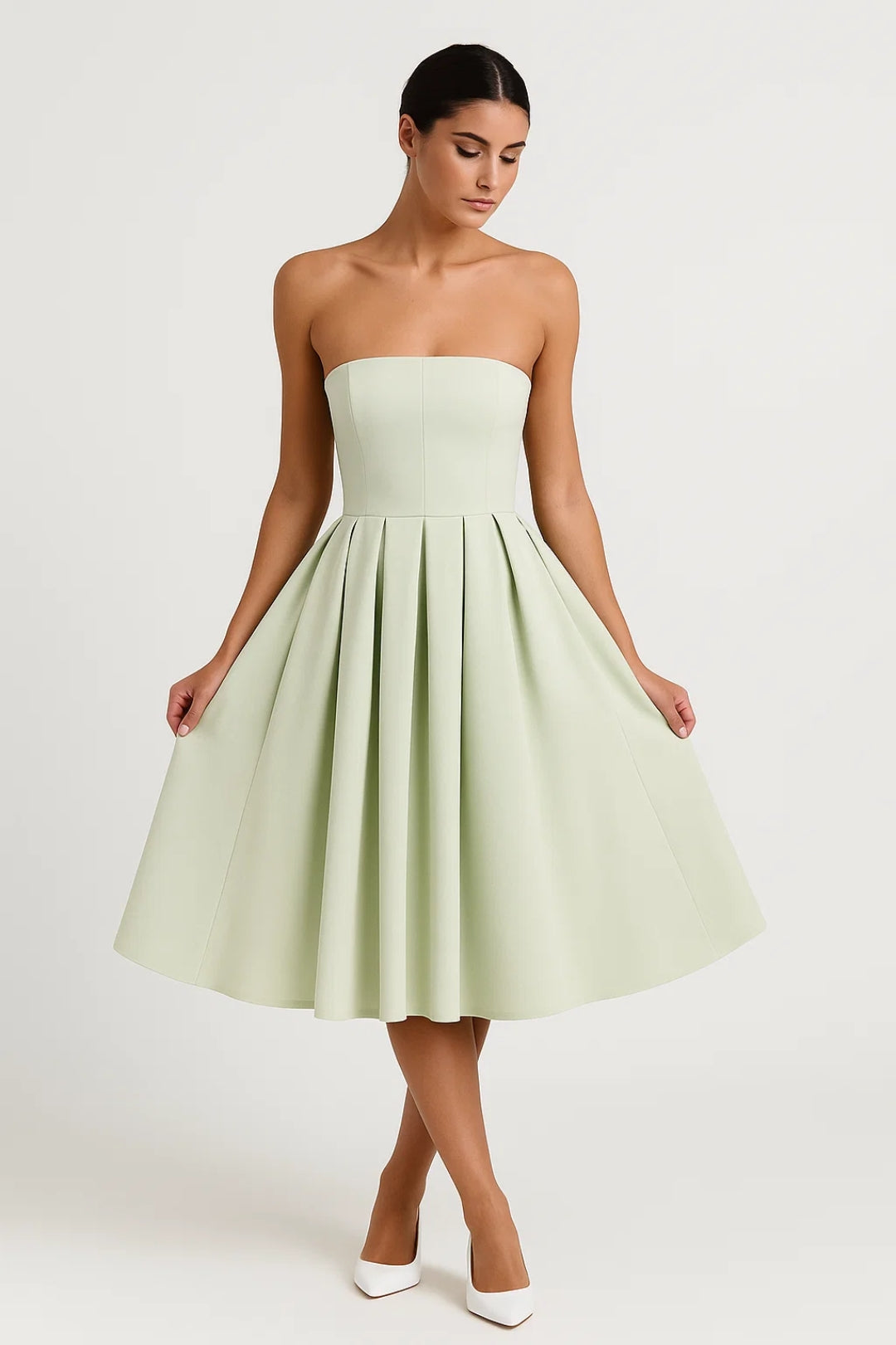 Strapless Midi Jurk | Geplooide Uitlopende Rok | Tijdloze Elegantie