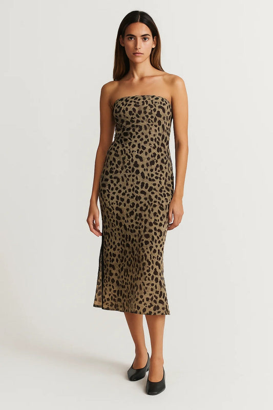 Strapless Midi Jurk | Getailleerd Model met Panterprint | Lichtgewicht en Ademend