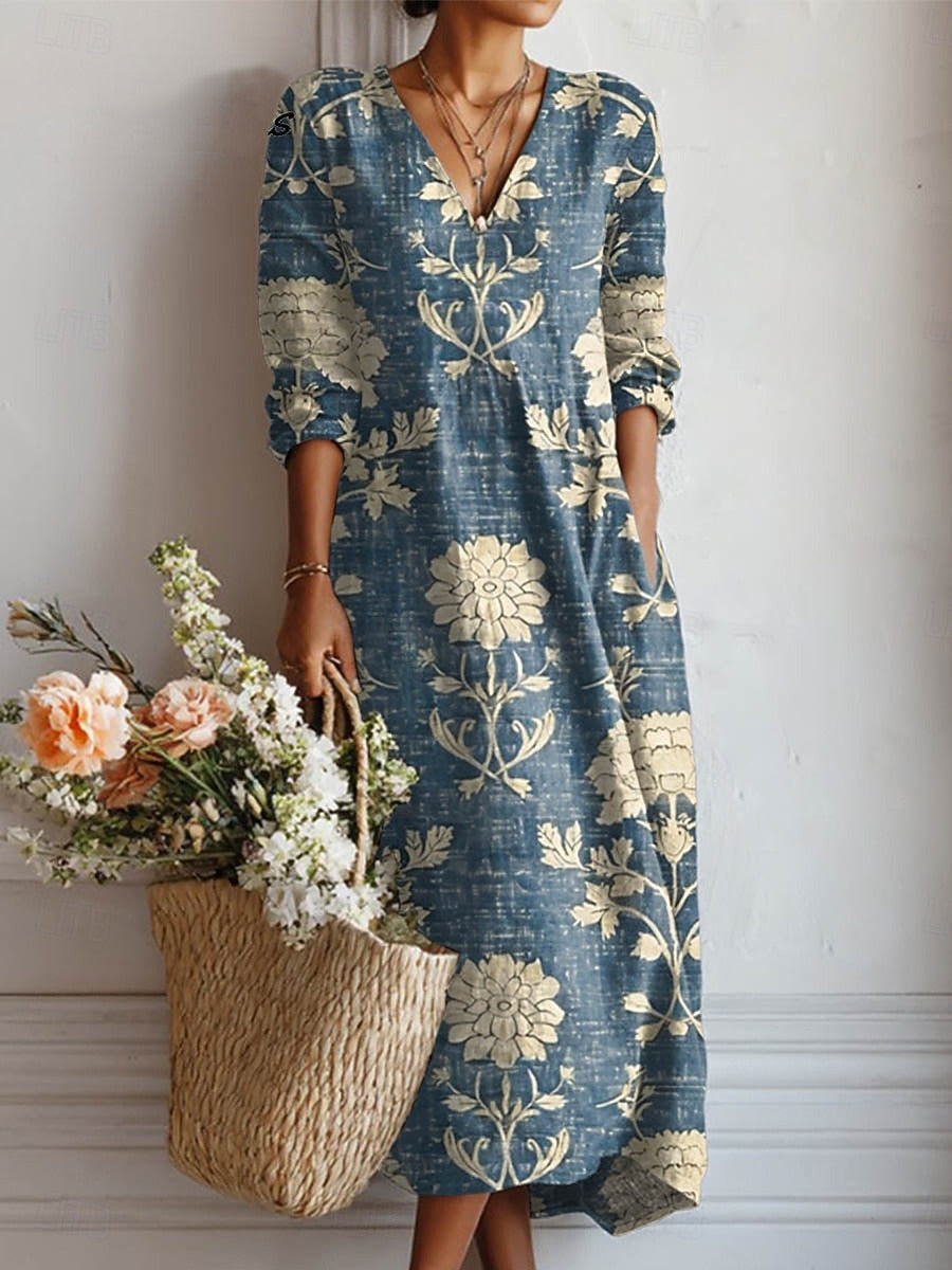 Tess - Vintage Maxi Linnen Jurk Dames met V-hals en Pofmouwen