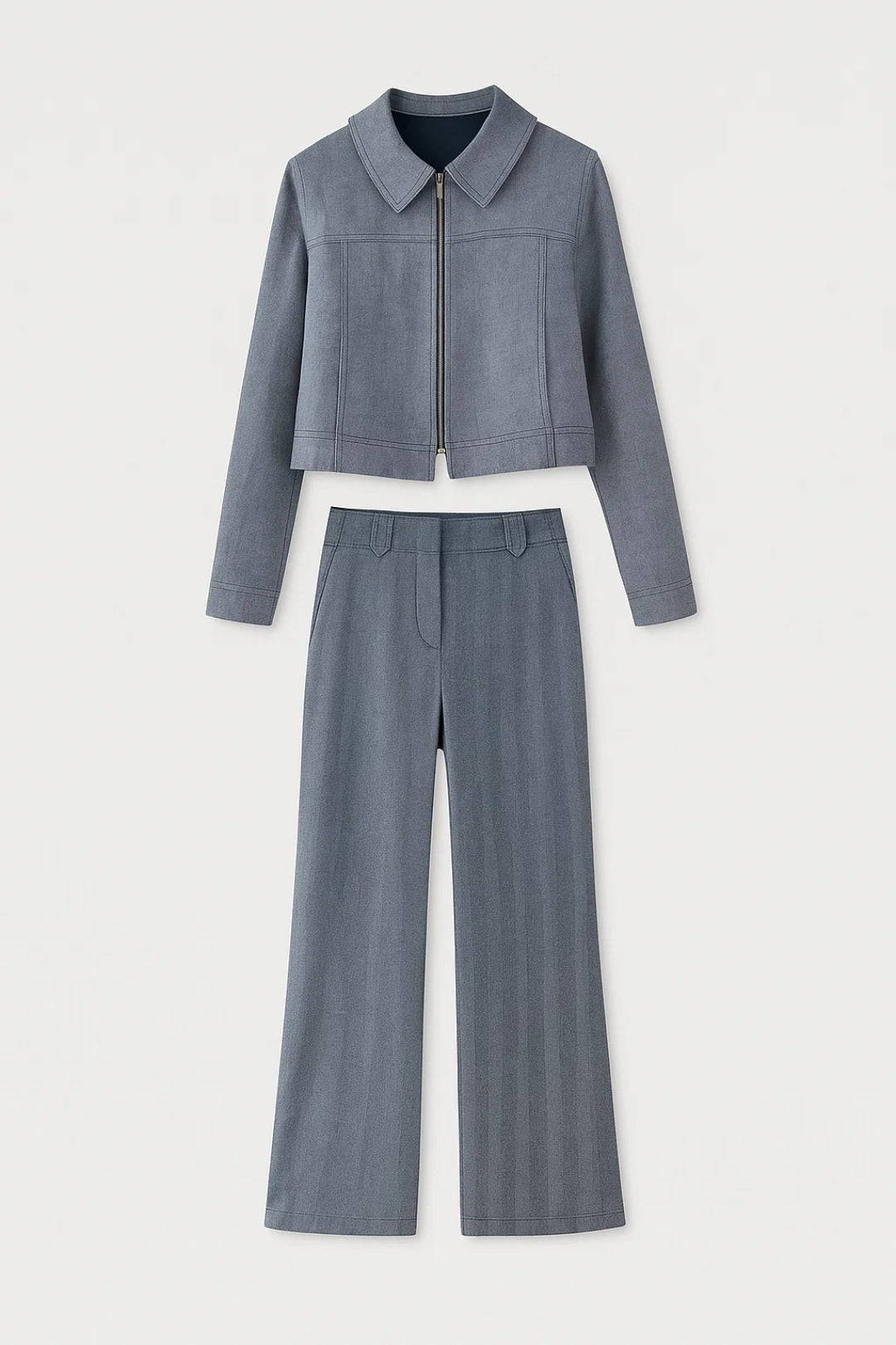 Tweedelige Set | Cropped Jasje met Rits en Rechte Broek | Tijdloze Structuur