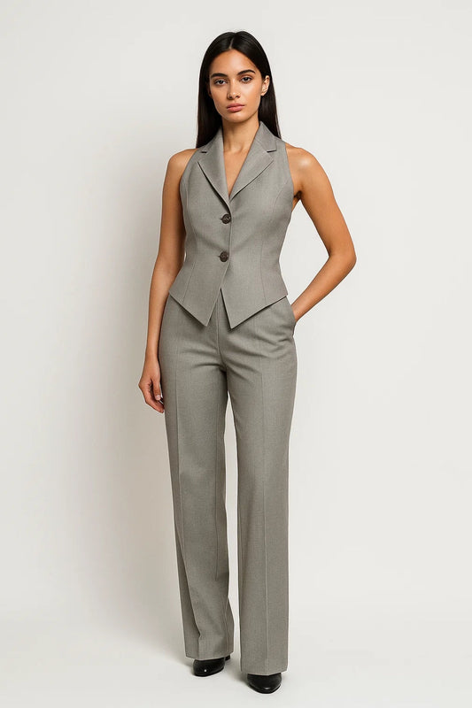 Tweedelige Set Dames | Mouwloos Gilet met Revers en Pantalon | Zakelijk en Getailleerd