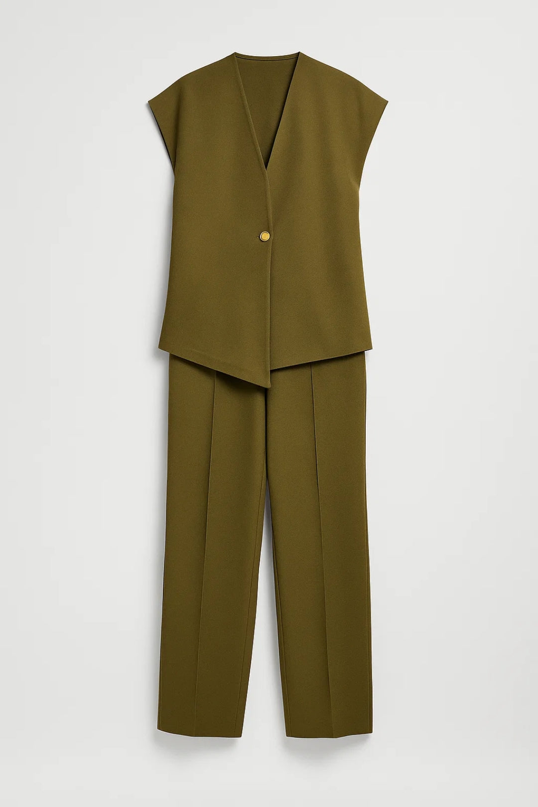 Tweedelige Set Dames | Mouwloze Top met Goudkleurige Knoop en Pantalon | Stijlvol en Gestructureerd