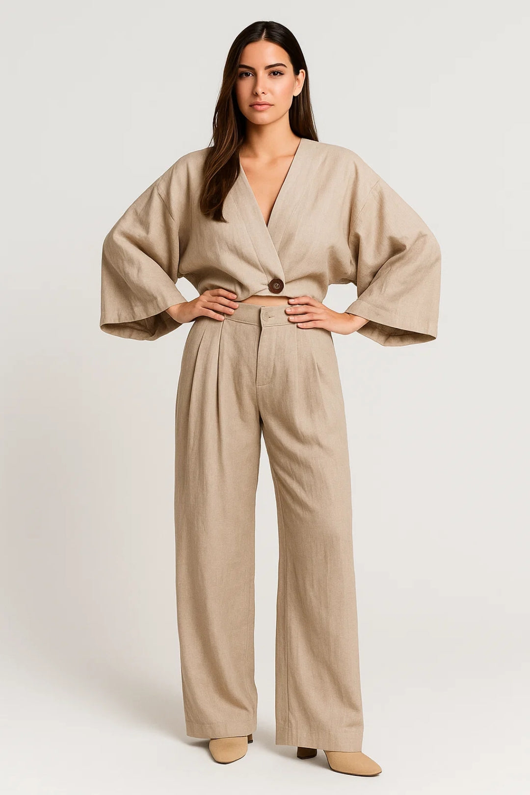 Tweedelige Set Dames | Oversized Top met V-Hals en Wijde Pantalon | Minimalistisch en Comfortabel