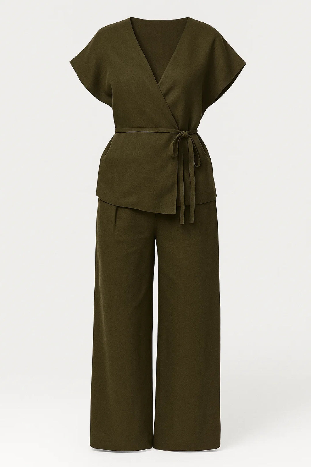 Tweedelige Set Dames | Overslagtop met Strikceintuur en Wijde Pantalon | Elegant en Comfortabel