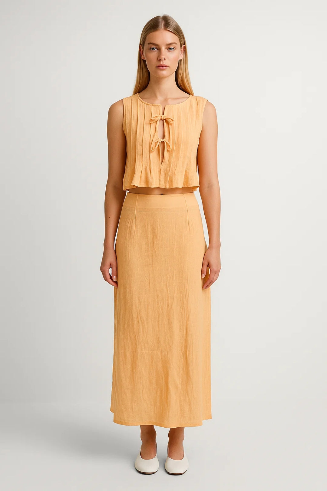 Tweedelige Set | Mouwloze Top met Strikdetail | Zomerse Midi Rok