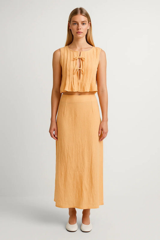 Tweedelige Set | Mouwloze Top met Strikdetail | Zomerse Midi Rok