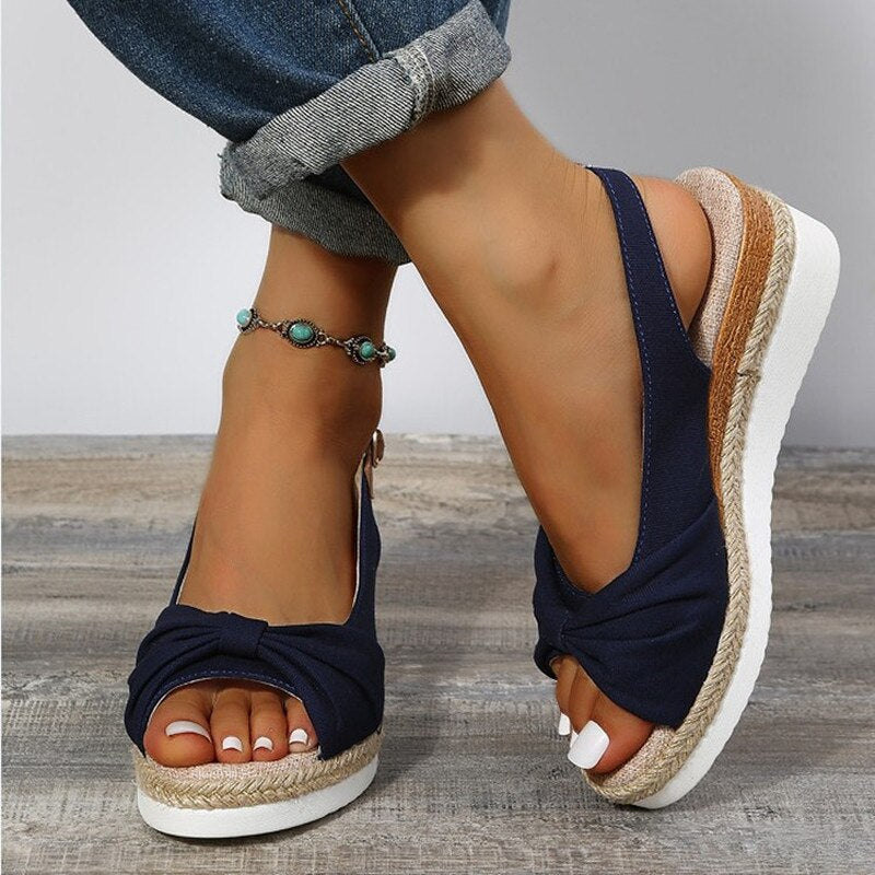 Yara - Boho Comfort Sandalen Dames met Geknoopte Strik en Sleehak
