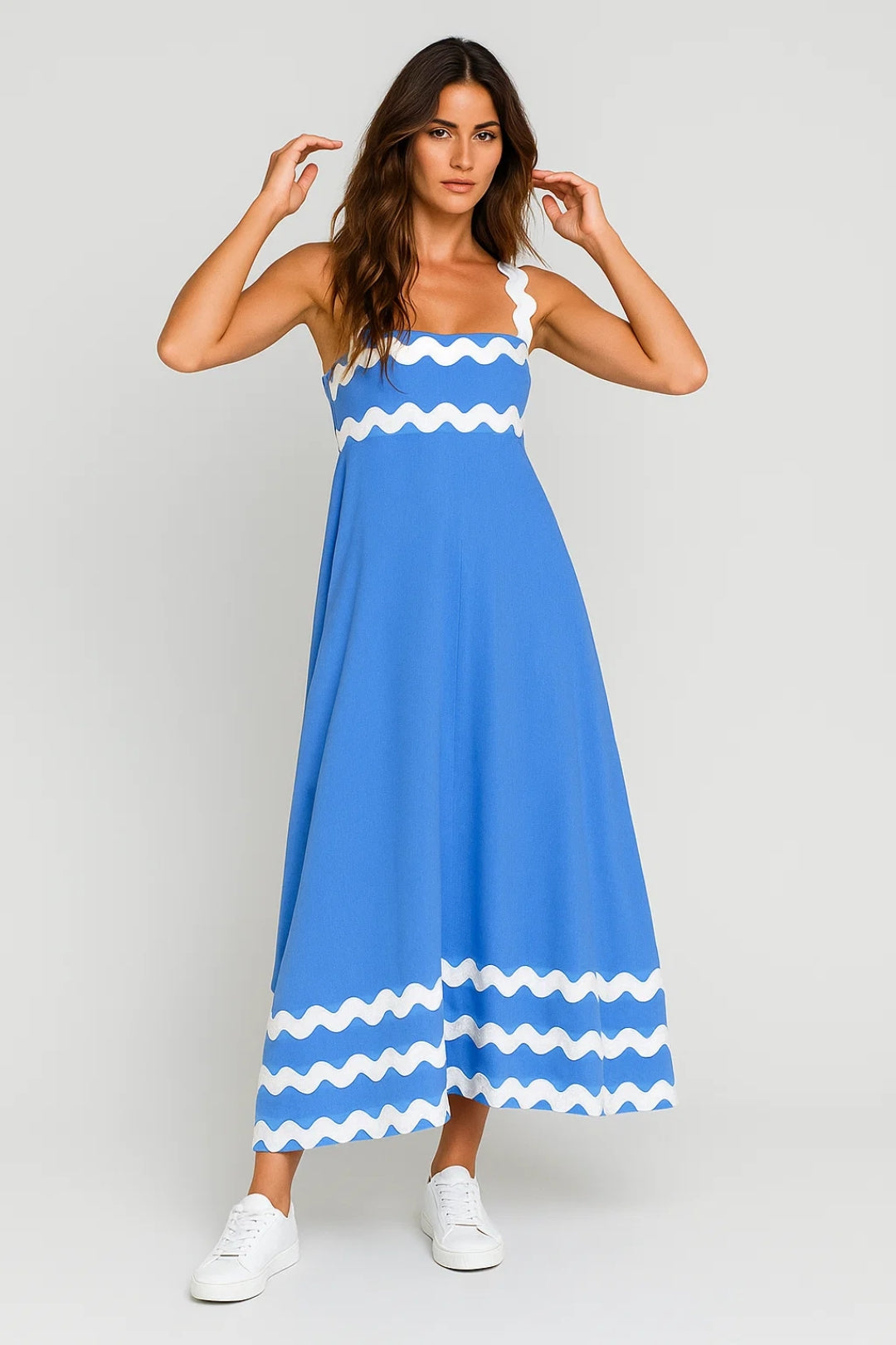 Zomerse Maxi Jurk | Brede Bandjes met Golfrand | Vrolijke A-Lijn Pasvorm