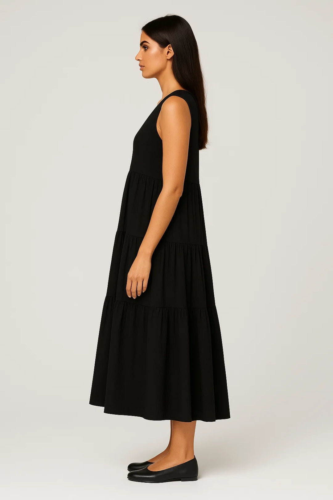 Zomerse Midi Jurk | Mouwloos met Gelaagde Rok | Lichtgewicht en Ademend