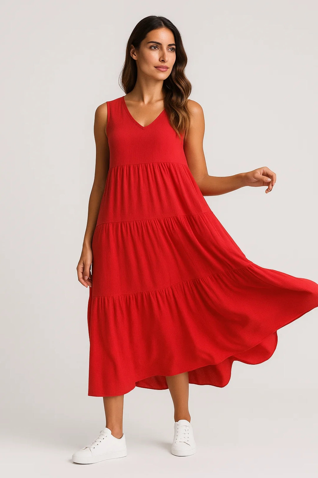 Zomerse Midi Jurk | Mouwloos met Gelaagde Rok | Lichtgewicht en Ademend