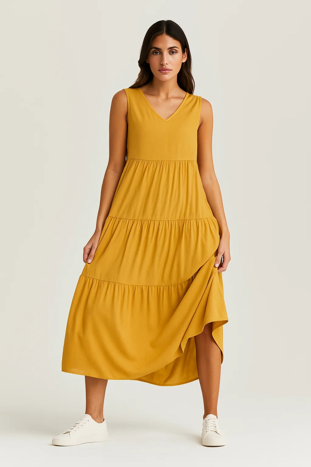 Zomerse Midi Jurk | Mouwloos met Gelaagde Rok | Lichtgewicht en Ademend