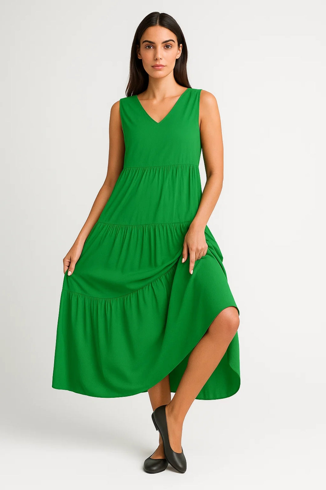 Zomerse Midi Jurk | Mouwloos met Gelaagde Rok | Lichtgewicht en Ademend