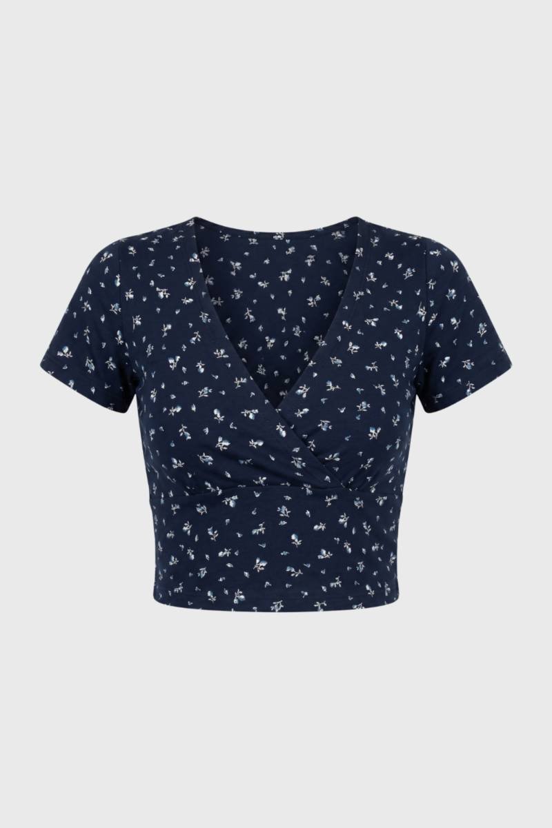 Crop Top Dames - V-hals Wikkel | Korte Mouwen — Navy Bloemen
