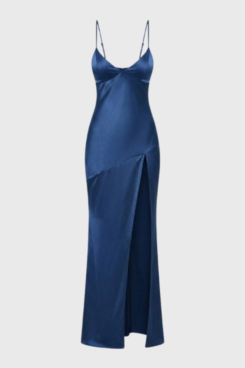Maxi Jurk Dames - Elegant met Diepe V-hals | Split Detail — Navy