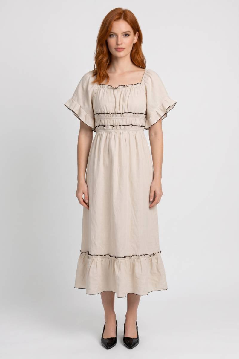 Midi Jurk Dames - Boho met Geplooide Details | Korte Mouwen
