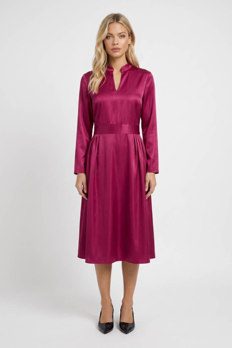 Midi Jurk Dames - V-hals met Ceintuur | Lange Mouwen — Bordeaux