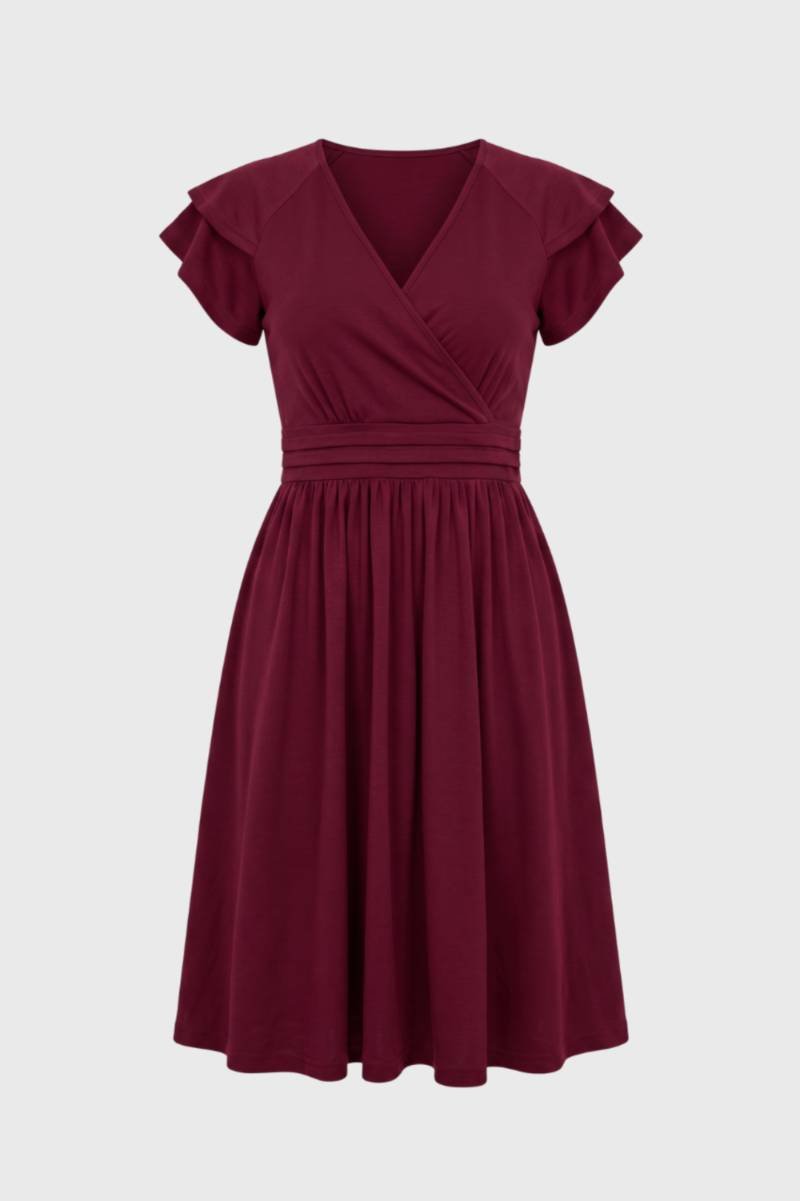 Midi Jurk Dames - V-hals met Rufflemouwen | Getailleerd — Bordeaux