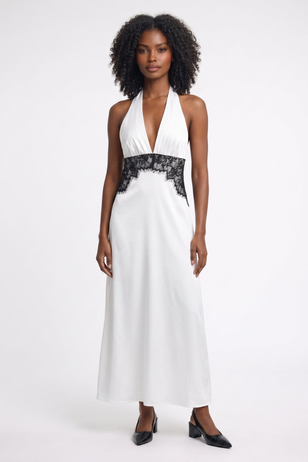 Midi Jurk Dames - Halter met Kant Detail | Elegante V-hals