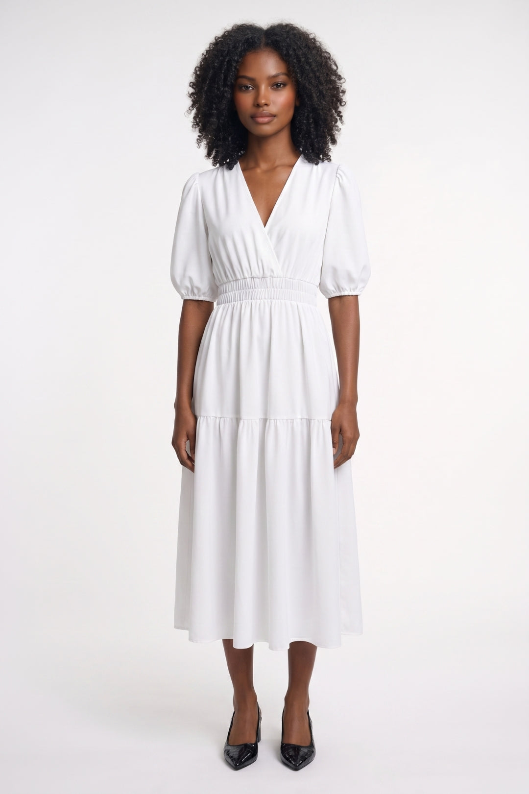 Midi Jurk Dames - Pofmouwen V-hals | Elastische Taille