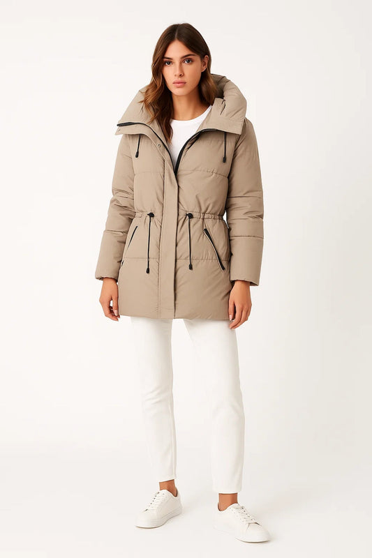 Warme Damesjas | Middellange Puffer met Taillekoord | Functioneel en Modern