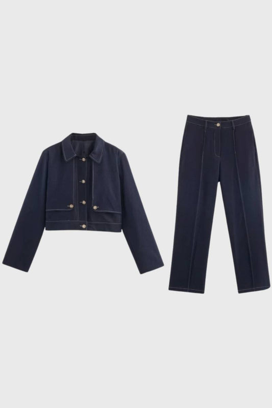 2-Delige Set Dames - Cropped Jas met Rechte Broek | Donkerblauw — Donkerblauw