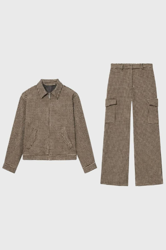 2-Delige Set Dames - Geruit Blouse met Wijde Broek | Vintage — Geruit Bruin