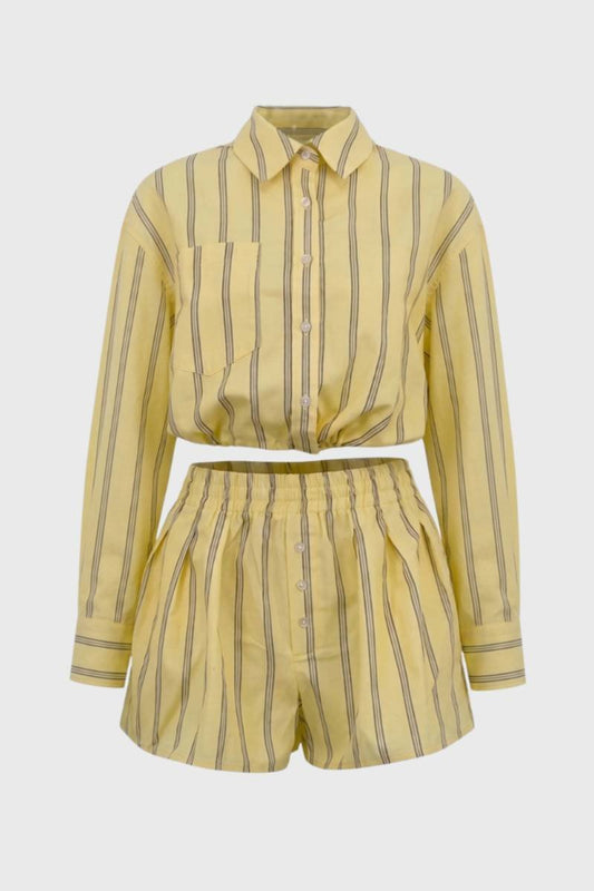 2-Delige Set Dames - Gestreepte Blouse met Korte Broek | Fris — Gestreept Geel