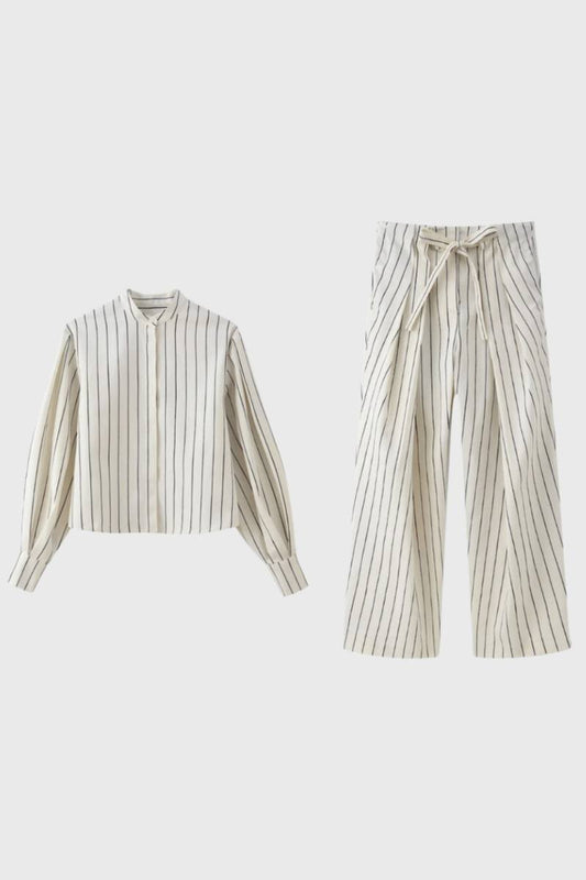 2-Delige Set Dames - Gestreepte Blouse met Wijde Broek | Chique — Gestreept Crème