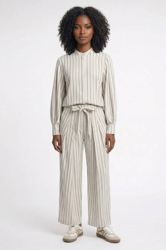 2-Delige Set Dames - Gestreepte Blouse met Wijde Broek | Chique — Gestreept Crème