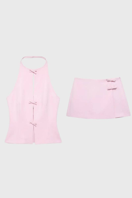 2-Delige Set Dames - Halter Top met Mini Rok | Knoopjes — Roze