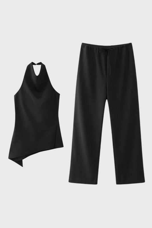 2-Delige Set Dames - Halter Top met Wijde Broek | Asymmetrisch — Zwart