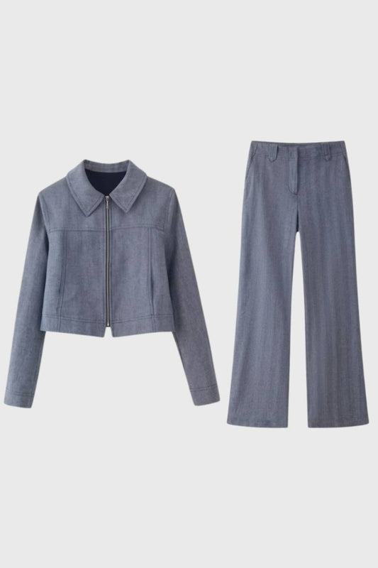 2-Delige Set Dames - Korte Jas met Wijde Broek | Zakelijk — Grijs