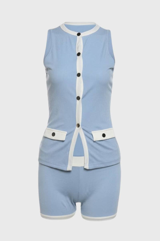 2-Delige Set Dames - Mouwloos Vest met Korte Broek | Knoopsluiting — Lichtblauw