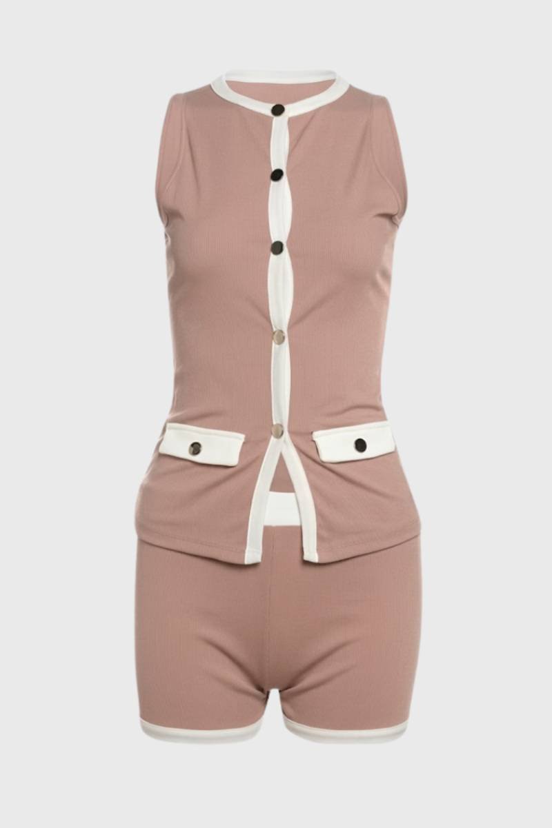 2-Delige Set Dames - Mouwloos Vest met Korte Broek | Knoopsluiting — Beige