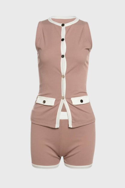 2-Delige Set Dames - Mouwloos Vest met Korte Broek | Knoopsluiting — Beige