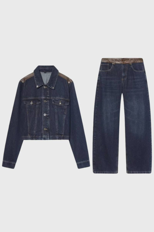 2-Delige Set Dames - Spijkerjas met Wijde Jeans | Vintage — Donkerblauw