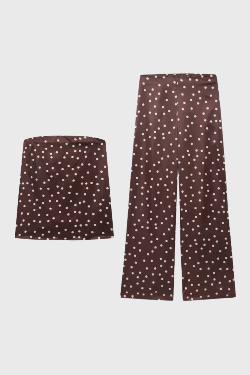 2-Delige Set Dames - Strapless Top met Wijde Broek | Elegant  — Polkadot Bruin